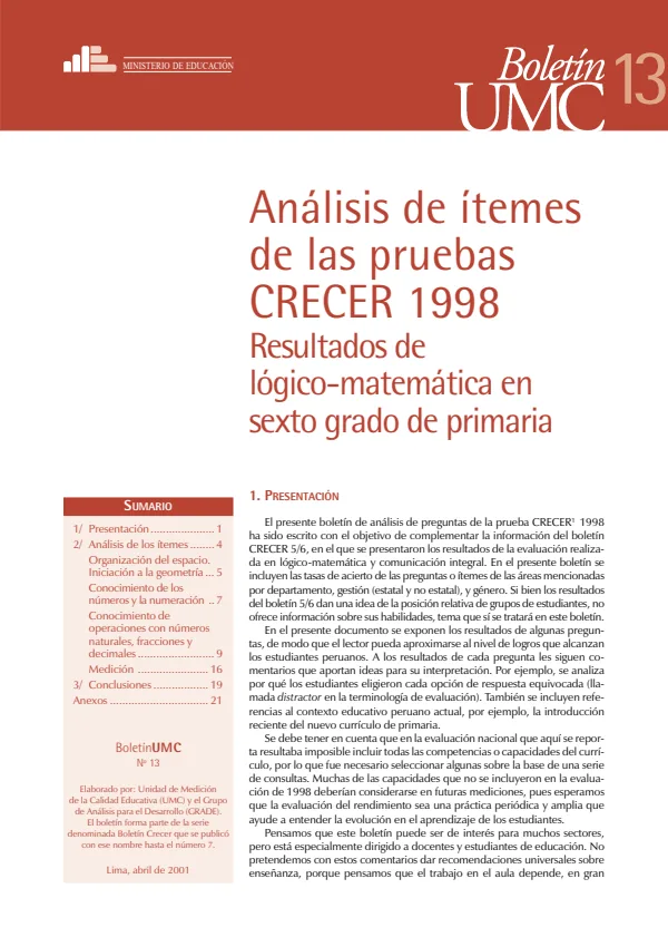 13. CRECER 1998: Análisis de ítems de lógico-matemática en 6.° de primaria (MINEDU) PDF 1 Portada de 13. CRECER 1998: Análisis de ítems de lógico-matemática en 6.° de primaria - Evaluaciones UMC (ECE y ENLA) - MINEDU