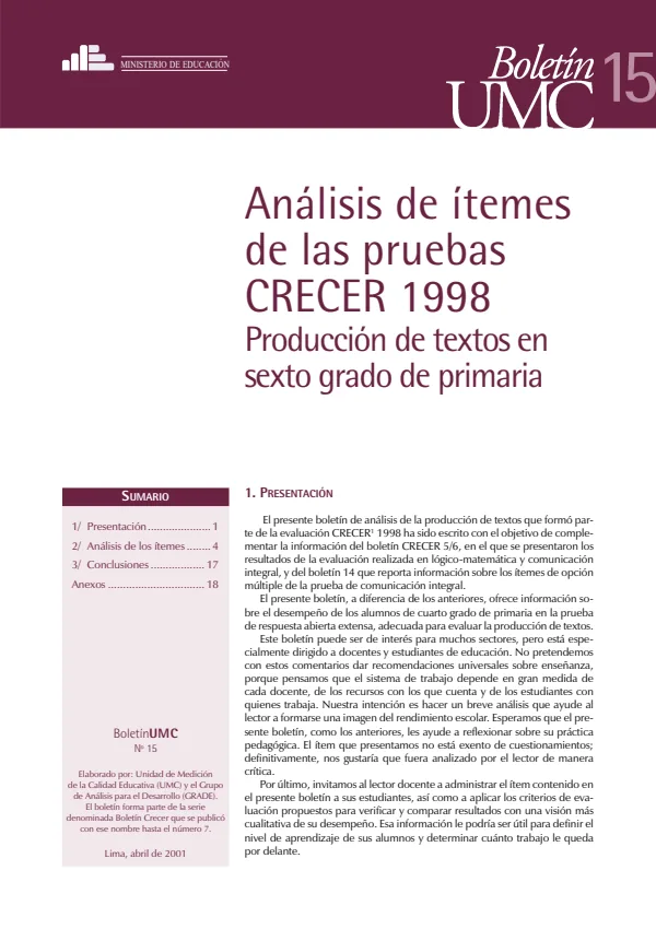 15. CRECER 1998: Análisis de ítems de producción de textos en 6°. de primaria (PDF) 1 Portada de 15. CRECER 1998: Análisis de ítems de producción de textos en 6°. de primaria - Evaluaciones UMC (ECE y ENLA) - MINEDU