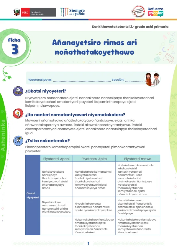 Añanayetsiro rimas ari noñathatakoyethawo: ficha 3 - Kenkithawetakotantsi 2. grado ashi (MINEDU) PDF 1 Portada de Añanayetsiro rimas ari noñathatakoyethawo: ficha 3 - Kenkithawetakotantsi 2. grado ashi - MINEDU