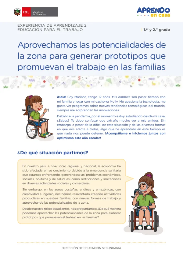Aprovechamos las potencialidades de la zona para generar prototipos que promuevan el trabajo en las familias:experiencia de aprendizaje 2 (MINEDU) PDF 1 Portada de Aprovechamos las potencialidades de la zona para generar prototipos que promuevan - 2.º grado de Secundaria - MINEDU