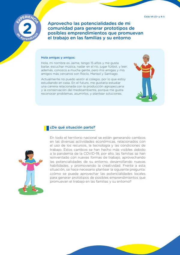 Aprovecho las potencialidades de mi comunidad para generar prototipos de posibles emprendimientos que promuevan el trabajo en las familias y su entorno (MINEDU) PDF 1 Portada de Aprovecho las potencialidades de mi comunidad para generar prototipos de posibles - Secundaria - MINEDU