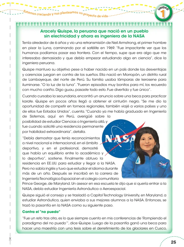 Aracely Quispe, la peruana que nació en un pueblo sin electricidad y ahora es ingeniera de la NASA (MINEDU) PDF 1 Portada de Aracely Quispe, la peruana que nació en un pueblo sin electricidad y ahora es ingeniera - 6.º grado de Primaria - MINEDU