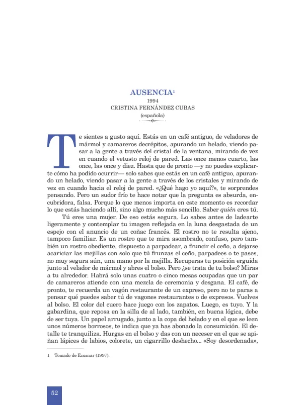 Ausencia: 1994. Cristina Fernández Cubas - 5.° grado de Secundaria (PDF) 1 Portada de Ausencia: 1994. Cristina Fernández Cubas - 5.º grado de Secundaria (MINEDU)