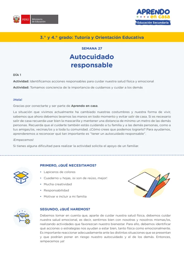 Autocuidado responsable - Secundaria (MINEDU) PDF 1 Portada de Autocuidado responsable - Secundaria - MINEDU