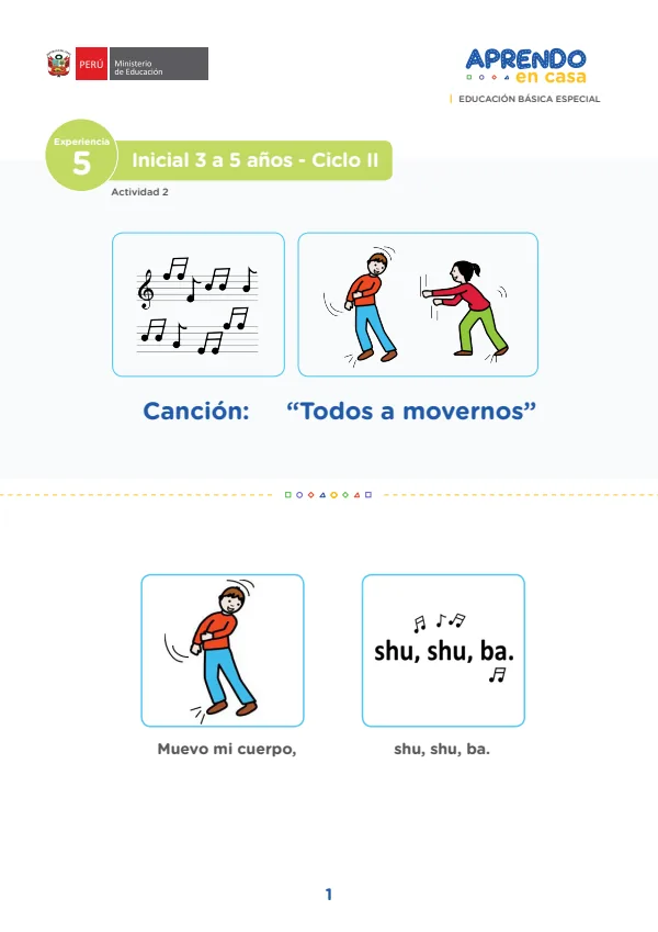 Canción: Todos a movernos, actividad 2. Inicial 3 5 años - Ciclo II (PDF) 1 Portada de Canción: Todos a movernos, actividad 2. Inicial 3 5 años - Ciclo II - MINEDU