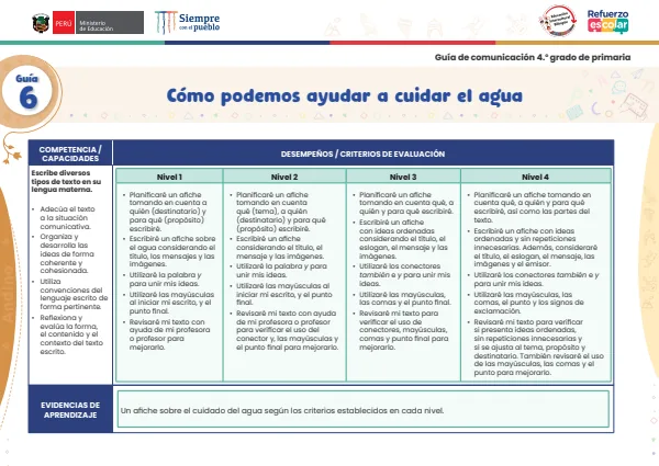 Cómo podemos ayudar a cuidar el agua: guía 6 - comunicación - andino. 4. grado (MINEDU) PDF 1 Portada de Cómo podemos ayudar a cuidar el agua: guía 6 - comunicación - andino. 4. grado - Guías docentes - MINEDU