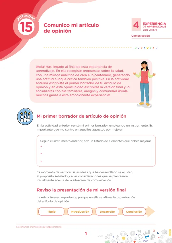 Comunico mi artículo de opinión - 5.° grado de Secundaria (PDF) 1 Portada de Comunico mi artículo de opinión - 5.º grado de Secundaria (MINEDU)