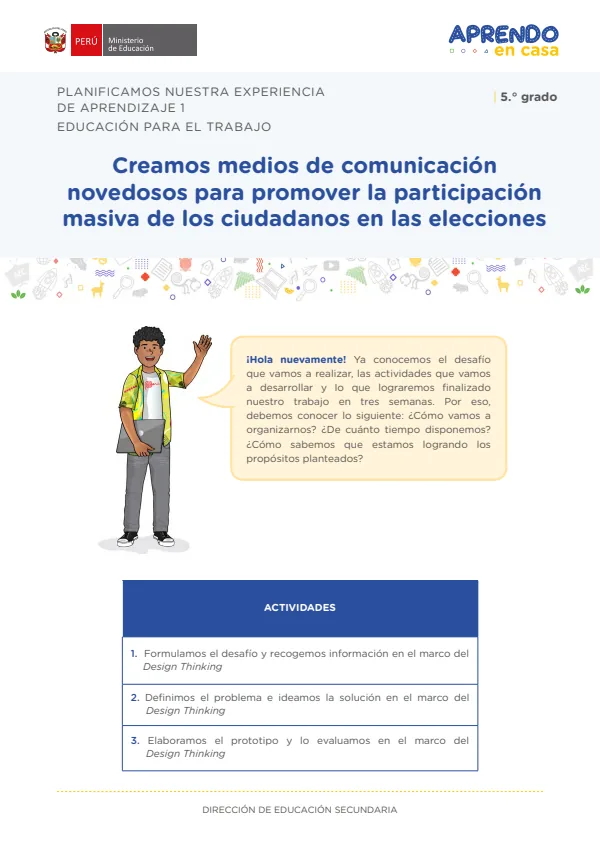 Creamos medios de comunicación novedosos para promover la participación masiva de los ciudadanos en las elecciones (MINEDU) PDF 1 Portada de Creamos medios de comunicación novedosos para promover la participación masiva - 5.º grado de Secundaria - MINEDU