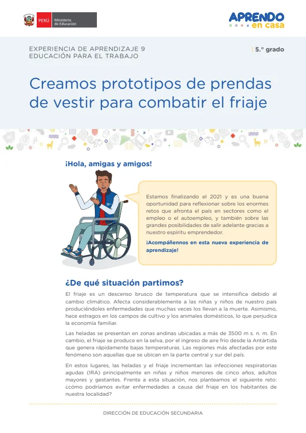 Creamos prototipos de prendas de vestir para combatir el friaje: experiencia de aprendizaje 9 (MINEDU) PDF 1 Portada de Creamos prototipos de prendas de vestir para combatir el friaje: experiencia - 5.º grado de Secundaria - MINEDU