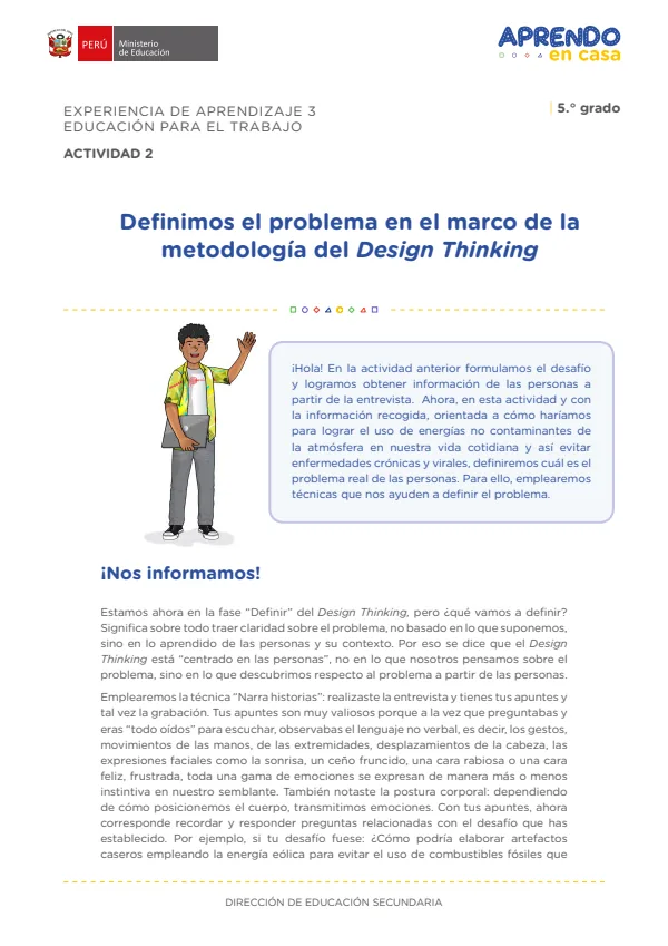 Definimos el problema en el marco de la metodología del Design Thinking: experiencia de aprendizaje 3, Educación para el trabajo (MINEDU) PDF 1 Portada de Definimos el problema en el marco de la metodología del Design Thinking: experiencia - 5.º grado de Secundaria - MINEDU
