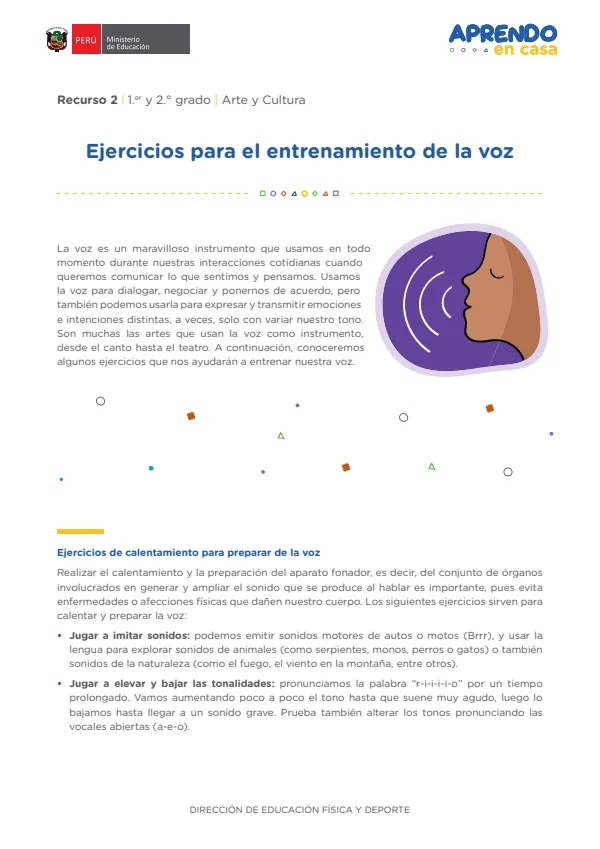 Ejercicios para el entrenamiento de la voz , 1.er y 2. grado (MINEDU) PDF 1 Portada de Ejercicios para el entrenamiento de la voz , 1.er y 2. grado - MINEDU