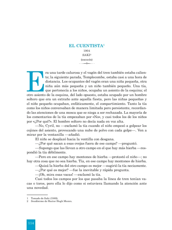 El cuentista: 1904. Saki - 1.° grado de Secundaria (PDF) 1 Portada de El cuentista: 1904. Saki - 1.º grado de Secundaria (MINEDU)