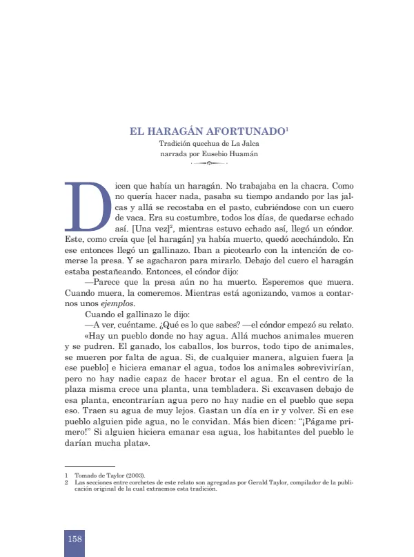 El haragán afortunado. Tradición quechua de La Jalca narrada por Eusebio Huamán - 2.° grado de Secundaria (MINEDU) PDF 1 Portada de El haragán afortunado. Tradición quechua de La Jalca narrada por Eusebio Huamán - 2.° - 2.º grado de Secundaria - MINEDU