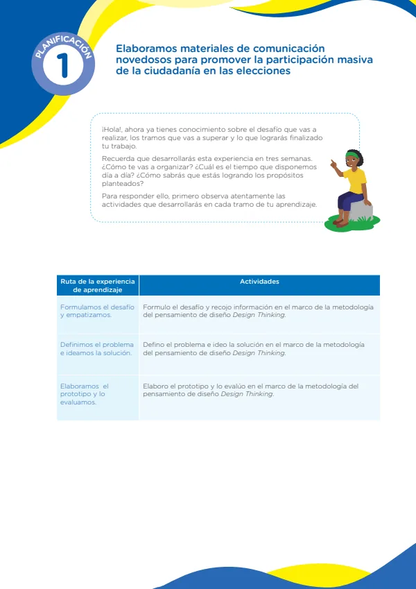 Elaboramos materiales de comunicación novedosos para promover la participación masiva de la ciudadanía en las elecciones. Planificación 1 (MINEDU) PDF 1 Portada de Elaboramos materiales de comunicación novedosos para promover la participación masiva - 5.º grado de Secundaria - MINEDU