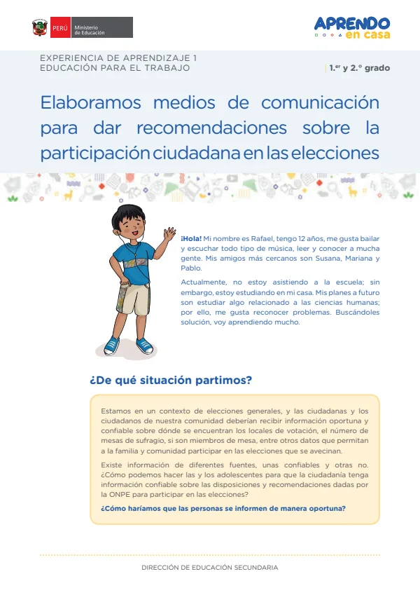 Elaboramos medios de comunicación para dar recomendaciones sobre la participación ciudadana en las elecciones: Experiencia de aprendizaje 1 (MINEDU) PDF 1 Portada de Elaboramos medios de comunicación para dar recomendaciones sobre la participación - 2.º grado de Secundaria - MINEDU