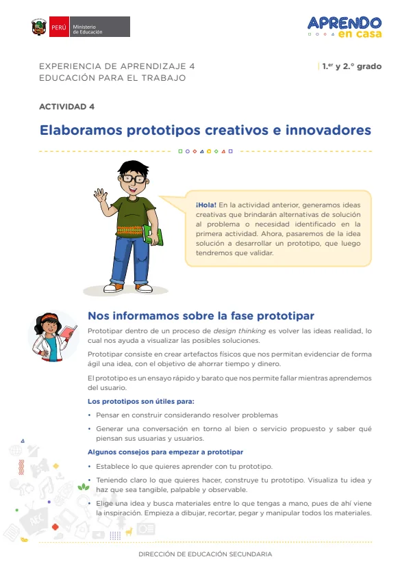 Elaboramos prototipos creativos e innovadores: experiencia de aprendizaje 4, Educación para el trabajo (MINEDU) PDF 1 Portada de Elaboramos prototipos creativos e innovadores: experiencia de aprendizaje 4, Educación - 2.º grado de Secundaria - MINEDU