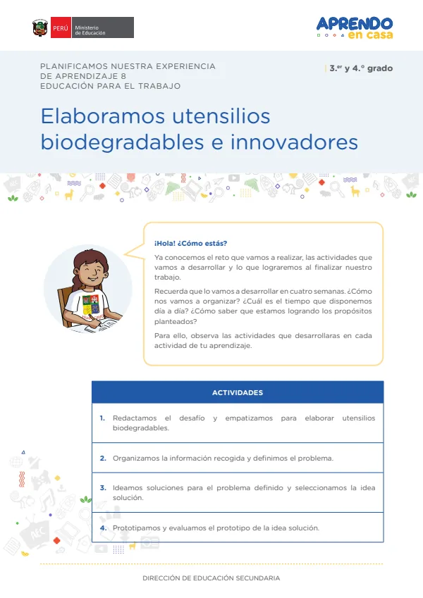 Elaboramos utensilios biodegradables e innovadores: experiencia de aprendizaje integrado 8, Educación por el trabajo. 3. y 4.grado (MINEDU) PDF 1 Portada de Elaboramos utensilios biodegradables e innovadores: experiencia de aprendizaje - 4.º grado de Secundaria - MINEDU