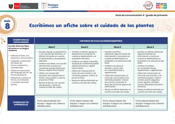 Escribimos un afiche sobre el cuidado de las plantas: guía 8 - comunicación - andino (MINEDU) PDF 1 Portada de Escribimos un afiche sobre el cuidado de las plantas: guía 8 - comunicación - andino - Guías docentes - MINEDU