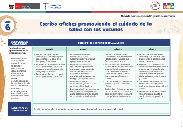 Escribo afiches promoviendo el cuidado de la salud con las vacunas: guía 6 (MINEDU) PDF 1 Portada de Escribo afiches promoviendo el cuidado de la salud con las vacunas: guía 6 - Guías docentes - MINEDU