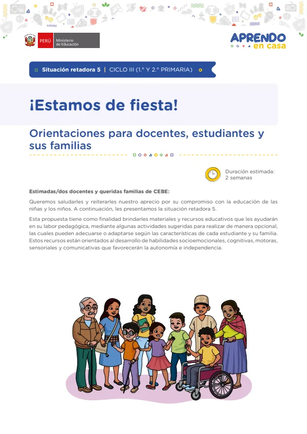 ¡Estamos de Fiesta! - Mateaprendiendo: Situación retadora 5. Ciclo III (1. y 2 (MINEDU) PDF 1 Portada de ¡Estamos de Fiesta! - Mateaprendiendo: Situación retadora 5. Ciclo III (1. y 2 - Educación Básica Especial (EBE) - MINEDU