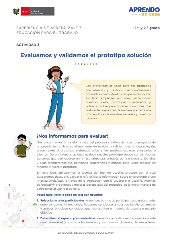 Evaluamos y validamos el prototipo solución: experiencia de aprendizaje 7, Educación para el trabajo (MINEDU) PDF 1 Portada de Evaluamos y validamos el prototipo solución: experiencia de aprendizaje 7, Educación - 2.º grado de Secundaria - MINEDU