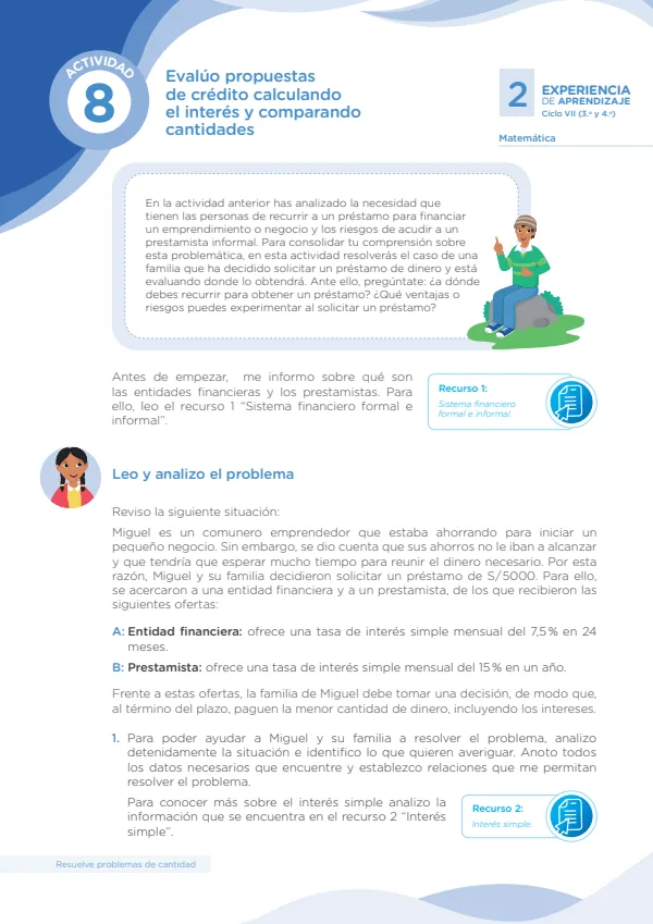 Evalúo propuestas de crédito calculando el interés y comparando cantidades - Secundaria (MINEDU) PDF 1 Portada de Evalúo propuestas de crédito calculando el interés y comparando cantidades - Secundaria - MINEDU