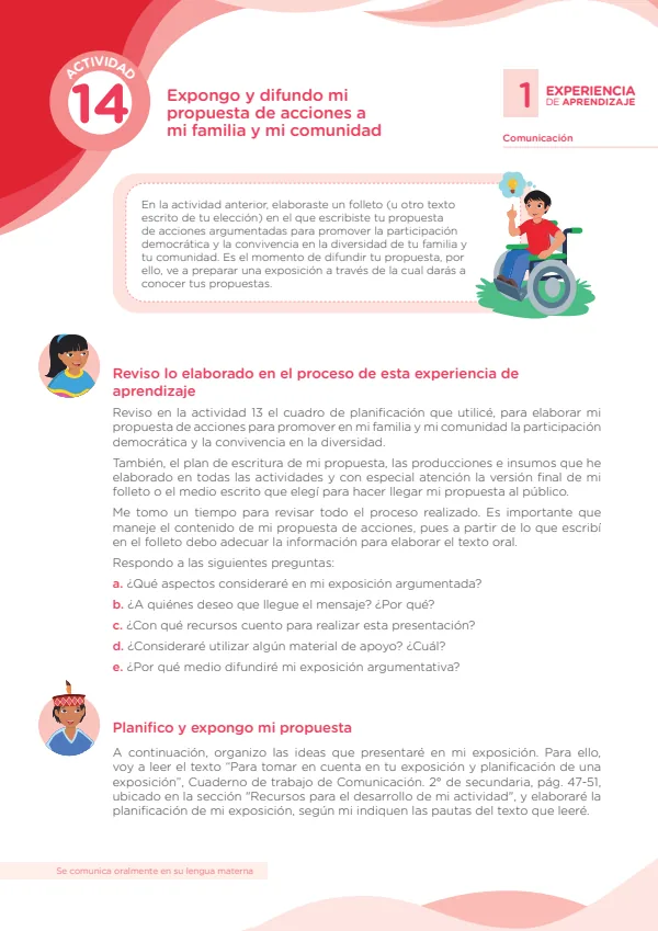 Expongo y difundo mi propuesta de acciones a mi familia y mi comunidad , Actividad 14 (MINEDU) PDF 1 Portada de Expongo y difundo mi propuesta de acciones a mi familia y mi comunidad , Actividad 14 - Secundaria - MINEDU