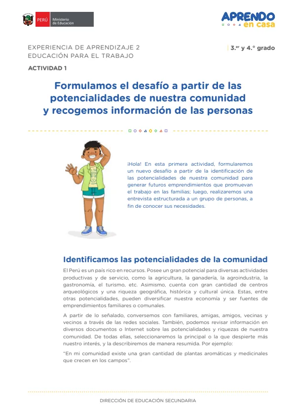 Formulamos el desafío a partir de las potencialidades de nuestra comunidad y recogemos información de las personas: experiencia de aprendizaje 2 (MINEDU) PDF 1 Portada de Formulamos el desafío a partir de las potencialidades de nuestra comunidad y recogemos - 4.º grado de Secundaria - MINEDU