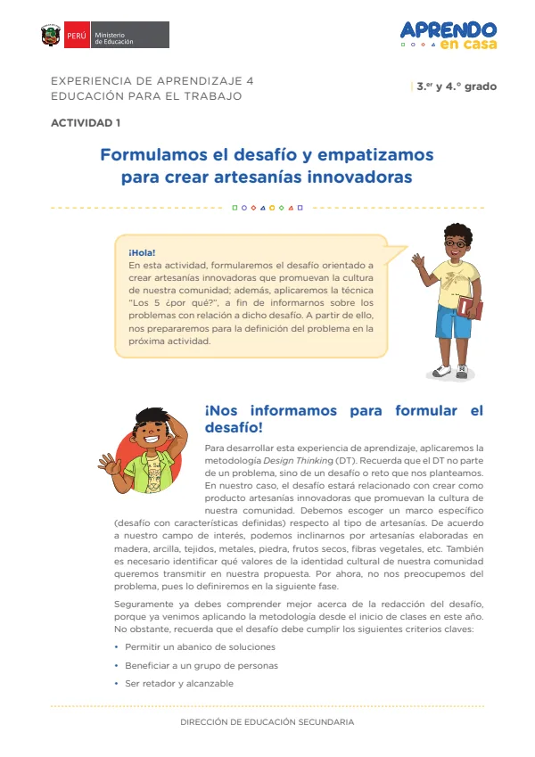 Formulamos el desafío y empatizamos para crear artesanías innovadoras - Secundaria (MINEDU) PDF 1 Portada de Formulamos el desafío y empatizamos para crear artesanías innovadoras - Secundaria - MINEDU