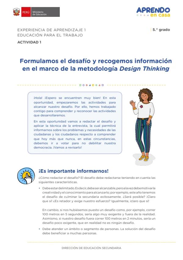 Formulamos el desafío y recogemos información en el marco de la metodología Design Thinking: experiencia de aprendizaje 1 (MINEDU) PDF 1 Portada de Formulamos el desafío y recogemos información en el marco de la metodología Design - 5.º grado de Secundaria - MINEDU