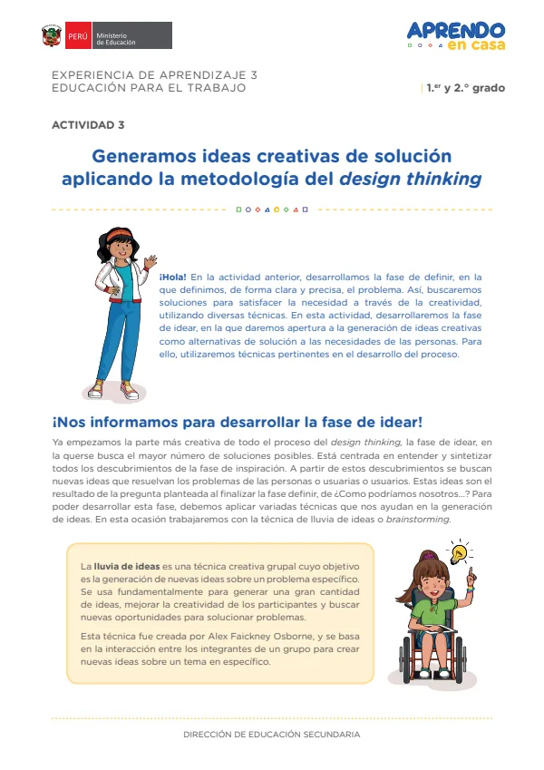 Generamos ideas creativas de solución aplicando la metodología del design thinking: experiencia de aprendizaje 3, Educación para el trabajo (MINEDU) PDF 1 Portada de Generamos ideas creativas de solución aplicando la metodología del design thinking - 2.º grado de Secundaria - MINEDU
