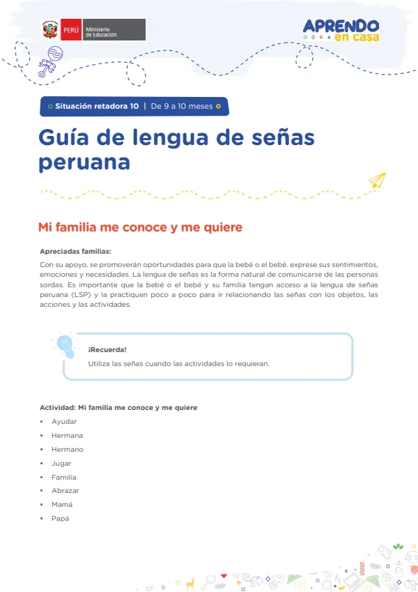 Guía de lengua de señas peruana: Situación retadora 10 | De 0 a 9 meses - Educación Inicial (MINEDU) PDF 1 Portada de Guía de lengua de señas peruana: Situación retadora 10 | De 0 a 9 meses - Educación - Educación Básica Especial (EBE) - MINEDU