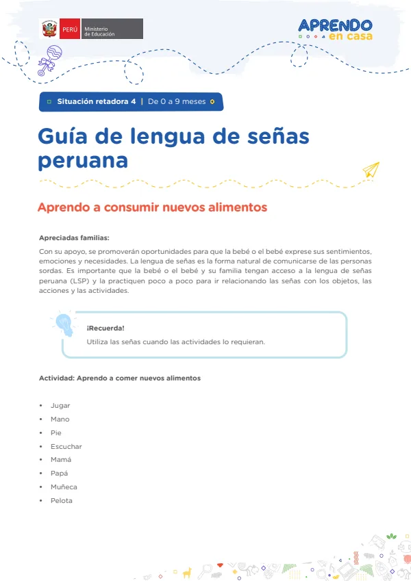 Guía de lengua de señas peruana: Situación retadora 4 | De 0 a 9 meses - Educación Inicial (MINEDU) PDF 1 Portada de Guía de lengua de señas peruana: Situación retadora 4 | De 0 a 9 meses - Educación - Educación Básica Especial (EBE) - MINEDU