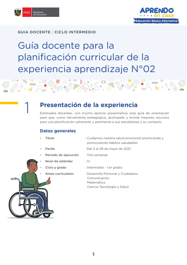 Guía docente para la planificación curricular de la experiencia de aprendizaje N 2 (MINEDU) PDF 1 Portada de Guía docente para la planificación curricular de la experiencia de aprendizaje N 2 - Educación Básica Alternativa (EBA) - MINEDU
