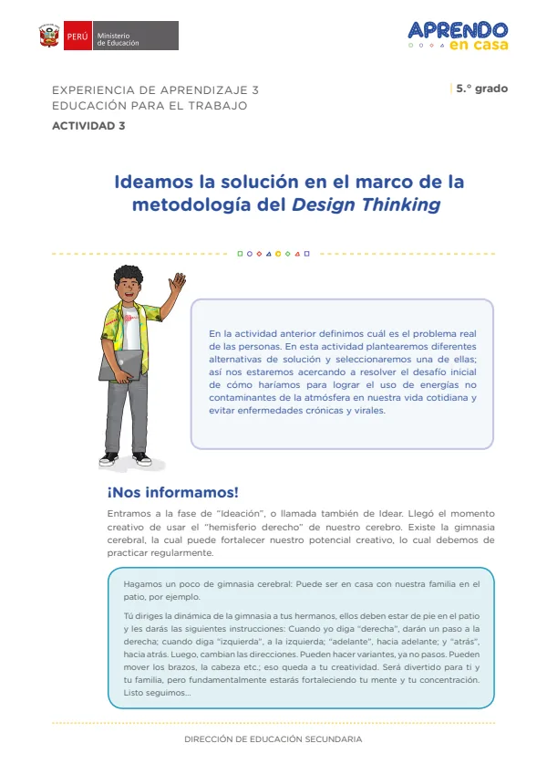 Ideamos la solución en el marco de la metodología del Design Thinking: experiencia de aprendizaje 3, Educación para el trabajo (MINEDU) PDF 1 Portada de Ideamos la solución en el marco de la metodología del Design Thinking: experiencia - 5.º grado de Secundaria - MINEDU