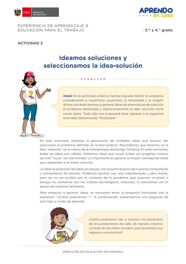 Ideamos soluciones y seleccionamos la idea-solución: experiencia de aprendizaje 9, Educación para el trabajo (MINEDU) PDF 1 Portada de Ideamos soluciones y seleccionamos la idea-solución: experiencia de aprendizaje 9 - 4.º grado de Secundaria - MINEDU