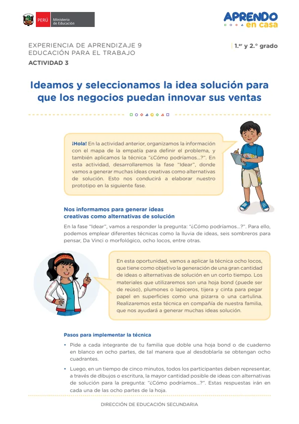 Ideamos y seleccionamos la idea solución para que los negocios puedan innovar sus ventas: experiencia de aprendizaje 9, Educación para el trabajo (MINEDU) PDF 1 Portada de Ideamos y seleccionamos la idea solución para que los negocios puedan innovar sus - 2.º grado de Secundaria - MINEDU