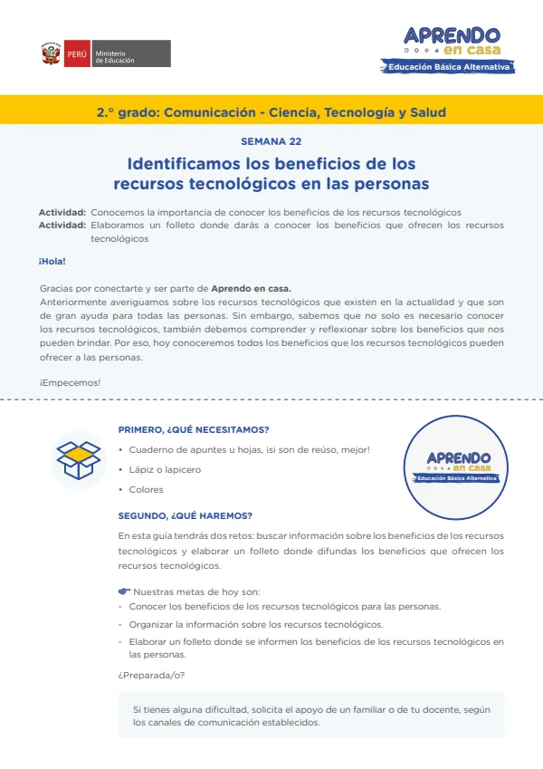Identificamos los beneficios de los recursos tecnológicos en las personas - Educación Inicial (MINEDU) PDF 1 Portada de Identificamos los beneficios de los recursos tecnológicos en las personas - Educación - Educación Básica Alternativa (EBA) - MINEDU