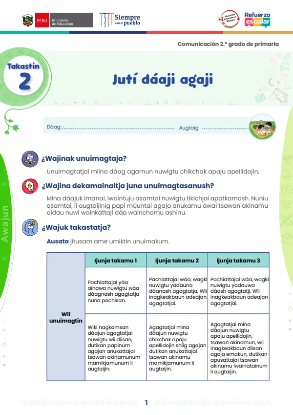 Jutí dáaji agaji: Takastin 2 - comunicación. 2. grado (MINEDU) PDF 1 Portada de Jutí dáaji agaji: Takastin 2 - comunicación. 2. grado - MINEDU