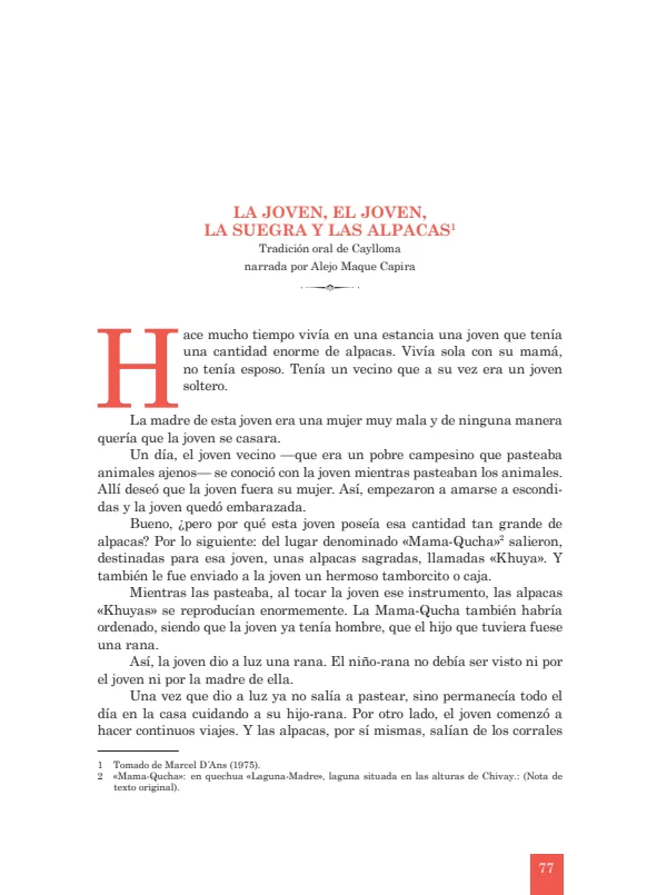 La joven, el joven, la suegra y las alpacas: Tradición oral de Caylloma narrada por Alejo Maque Capira (MINEDU) PDF 1 Portada de La joven, el joven, la suegra y las alpacas: Tradición oral de Caylloma narrada por - 1.º grado de Secundaria - MINEDU