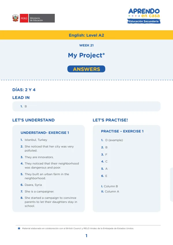 Learning experience W My proyect, English: Level A2, Activity: Look around, Answers (MINEDU) PDF 1 Portada de Learning experience W My proyect, English: Level A2, Activity: Look around, Answers - 4.º grado de Secundaria - MINEDU
