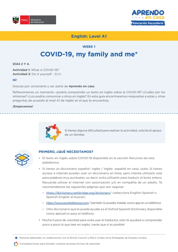 Learning experience W1: Covid 19 - My family and me. English: Level A1 - 3.° grado de Secundaria (MINEDU) PDF 1 Portada de Learning experience W1: Covid 19 - My family and me. English: Level A1 - 3.° grado - MINEDU