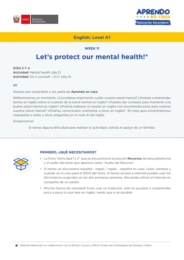 Learning experience W11: Let's protect our mental health!, English: Level A1 - 4.° grado de Secundaria (MINEDU) PDF 1 Portada de Learning experience W11: Let's protect our mental health!, English: Level A1 - 4.° - 4.º grado de Secundaria - MINEDU