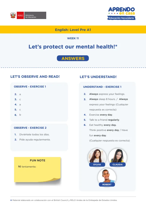 Learning experience W11: Let's protect our mental health!, English: Level Pre A1 (MINEDU) PDF 1 Portada de Learning experience W11: Let's protect our mental health!, English: Level Pre A1 - Secundaria - MINEDU