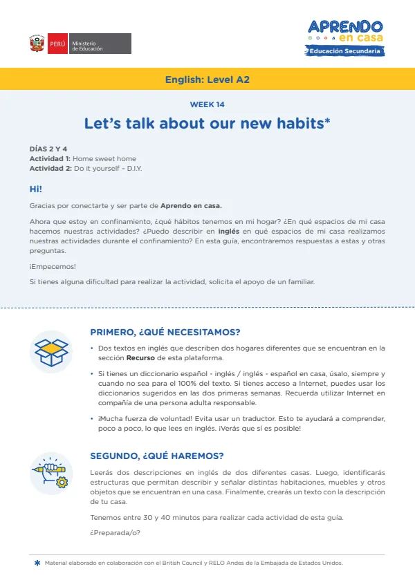 Learning experience W14: Let's talk about our new habits, English: Level A2 - 4.° grado de Secundaria (MINEDU) PDF 1 Portada de Learning experience W14: Let's talk about our new habits, English: Level A2 - 4.° grado - MINEDU