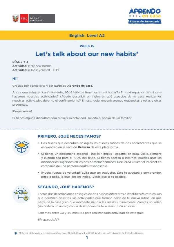 Learning experience W15: Let's talk about our new habits, English: Level A2 - 4.° grado de Secundaria (MINEDU) PDF 1 Portada de Learning experience W15: Let's talk about our new habits, English: Level A2 - 4.° grado - MINEDU