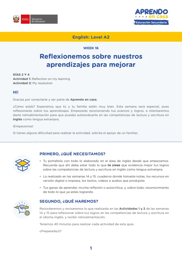 Learning experience W16: Reflexionemos nuestros aprendizajes para mejorar, English: Level A2 (MINEDU) PDF 1 Portada de Learning experience W16: Reflexionemos nuestros aprendizajes para mejorar, English - 4.º grado de Secundaria - MINEDU