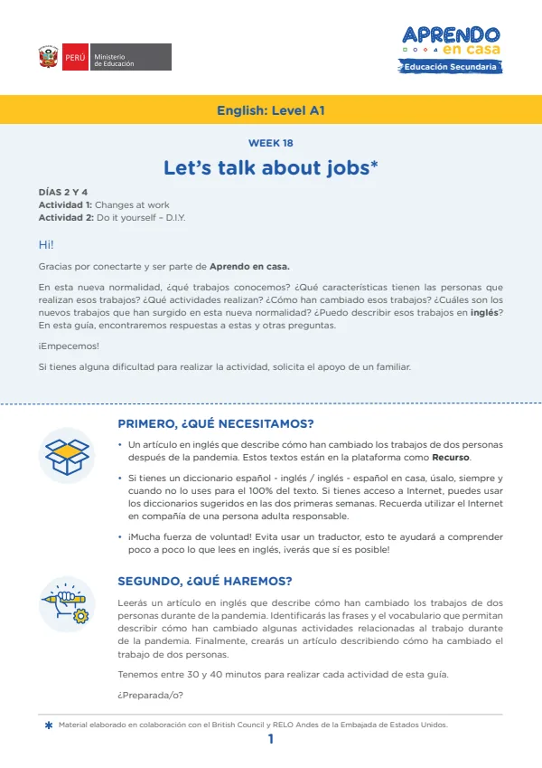 Learning experience W18: Let's talk about new jobs, English: Level A1 - 3.° grado de Secundaria (MINEDU) PDF 1 Portada de Learning experience W18: Let's talk about new jobs, English: Level A1 - 3.° grado - MINEDU