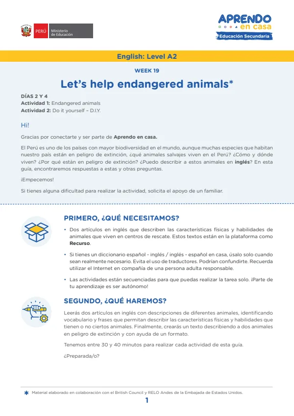 Learning experience W19: Let's help endangered animals, English: Level A2 - 4.° grado de Secundaria (MINEDU) PDF 1 Portada de Learning experience W19: Let's help endangered animals, English: Level A2 - 4.° grado - MINEDU