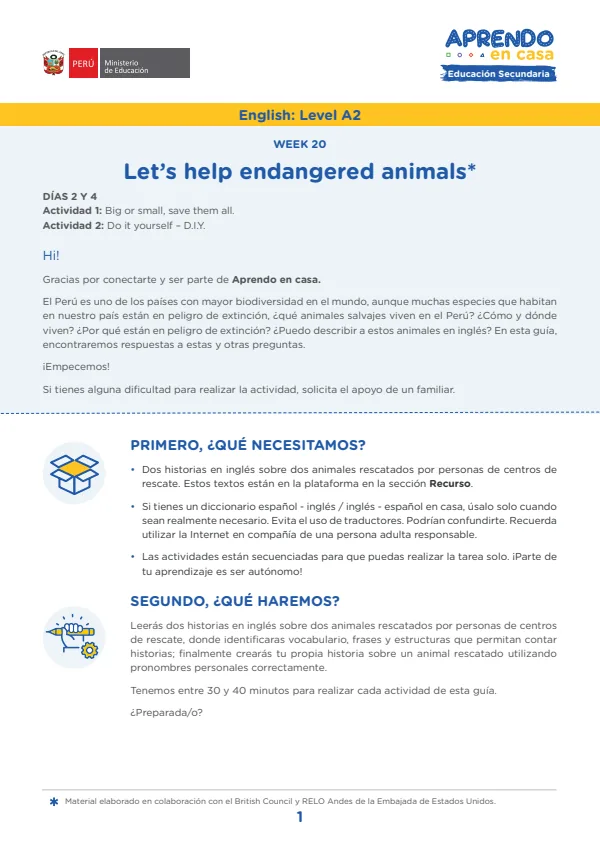 Learning experience W20: Let's help endangered animals, English: Level A2 - 4.° grado de Secundaria (MINEDU) PDF 1 Portada de Learning experience W20: Let's help endangered animals, English: Level A2 - 4.° grado - MINEDU